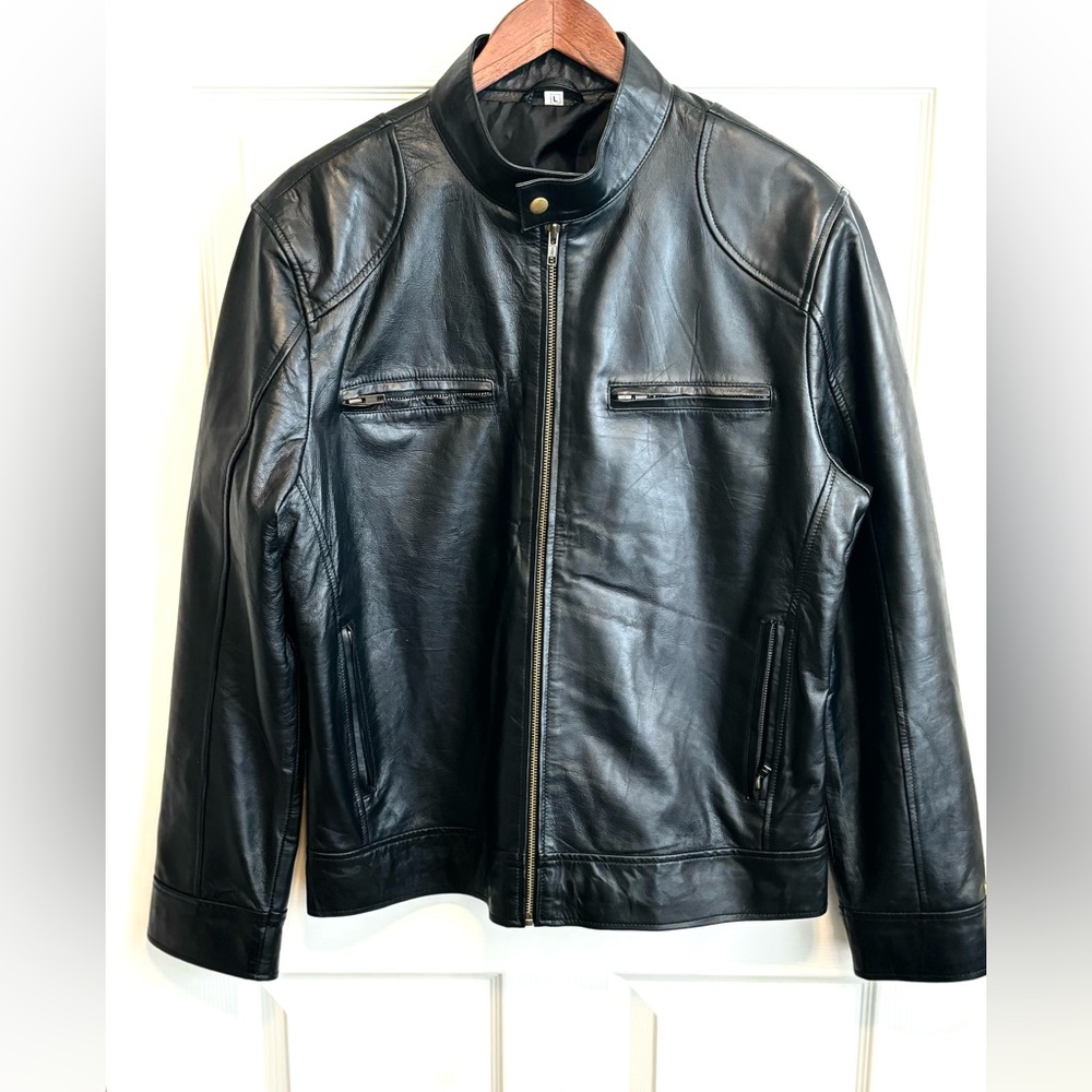 NWOT WOMENS BlACK BIKER LEATHER SHEEPSKIN ZIPPERED RIDING JACKET SZ L